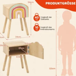 2 er Set Kinder Nachttisch Nachtschrank mit kleinem Schrank & Massivholzbeinen Beistelltisch niedlich 34 x 30 x 54 cm