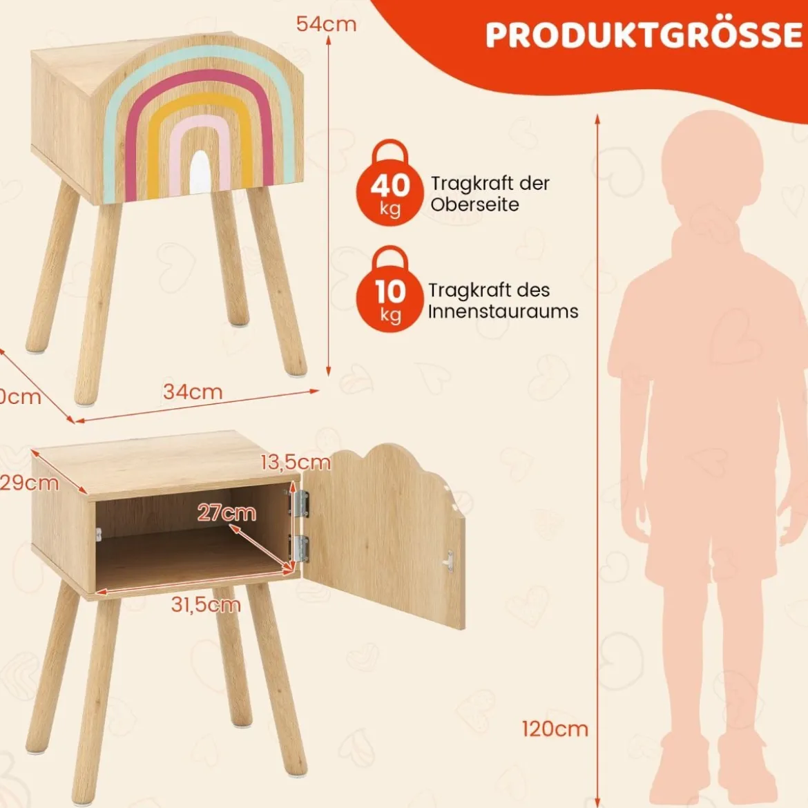 2 er Set Kinder Nachttisch Nachtschrank mit kleinem Schrank & Massivholzbeinen Beistelltisch niedlich 34 x 30 x 54 cm