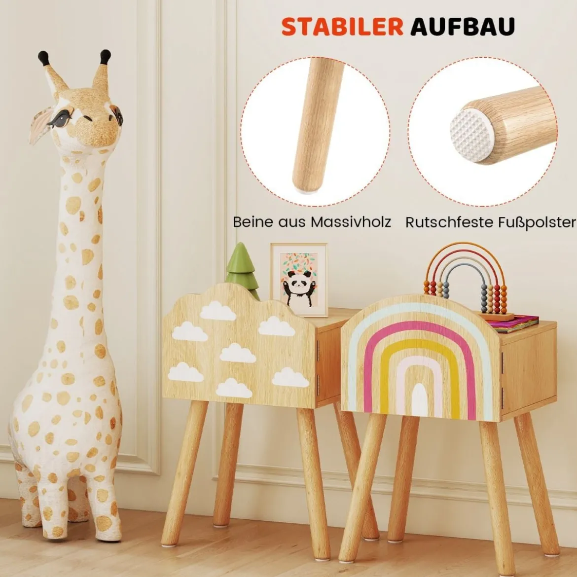 2 er Set Kinder Nachttisch Nachtschrank mit kleinem Schrank & Massivholzbeinen Beistelltisch niedlich 34 x 30 x 54 cm