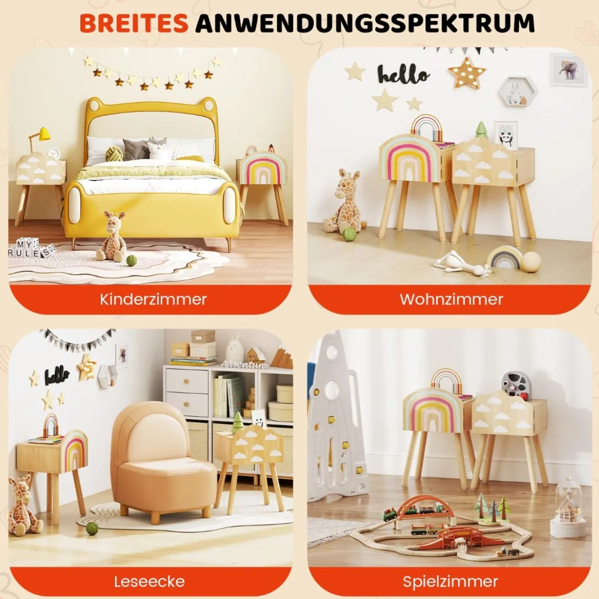 2 er Set Kinder Nachttisch Nachtschrank mit kleinem Schrank & Massivholzbeinen Beistelltisch niedlich 34 x 30 x 54 cm
