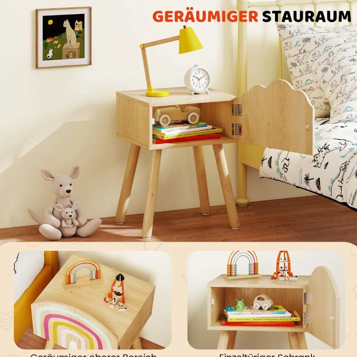 2 er Set Kinder Nachttisch Nachtschrank mit kleinem Schrank & Massivholzbeinen Beistelltisch niedlich 34 x 30 x 54 cm