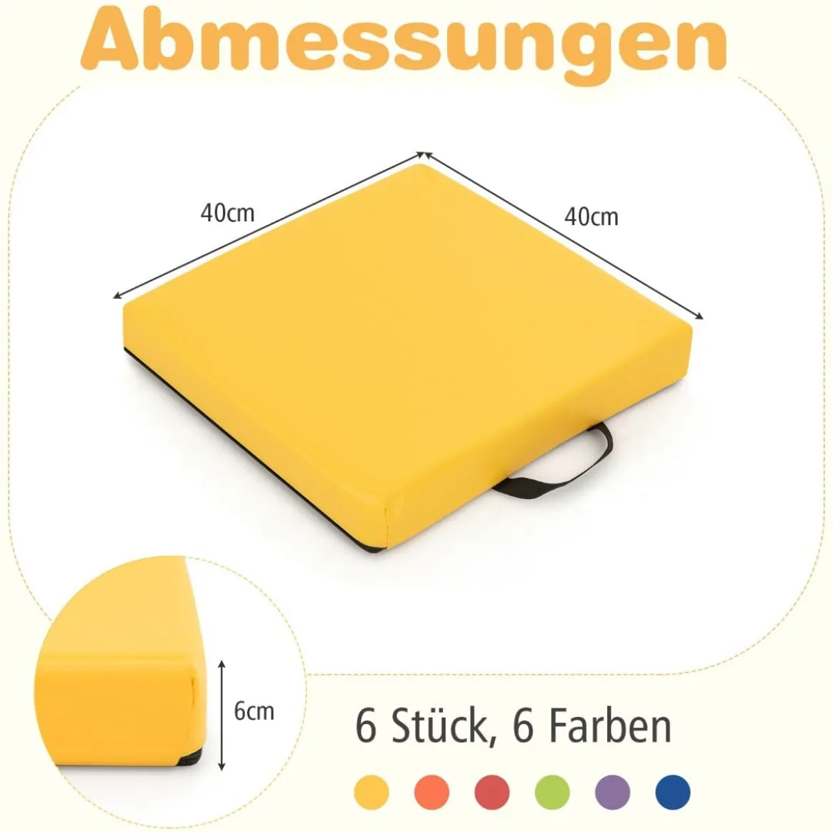 6er Set Kinder Quadratische Sitzkissen mit Griff & Reißverschluss Bodenkissen Stuhlkissen 40 x 40 cm