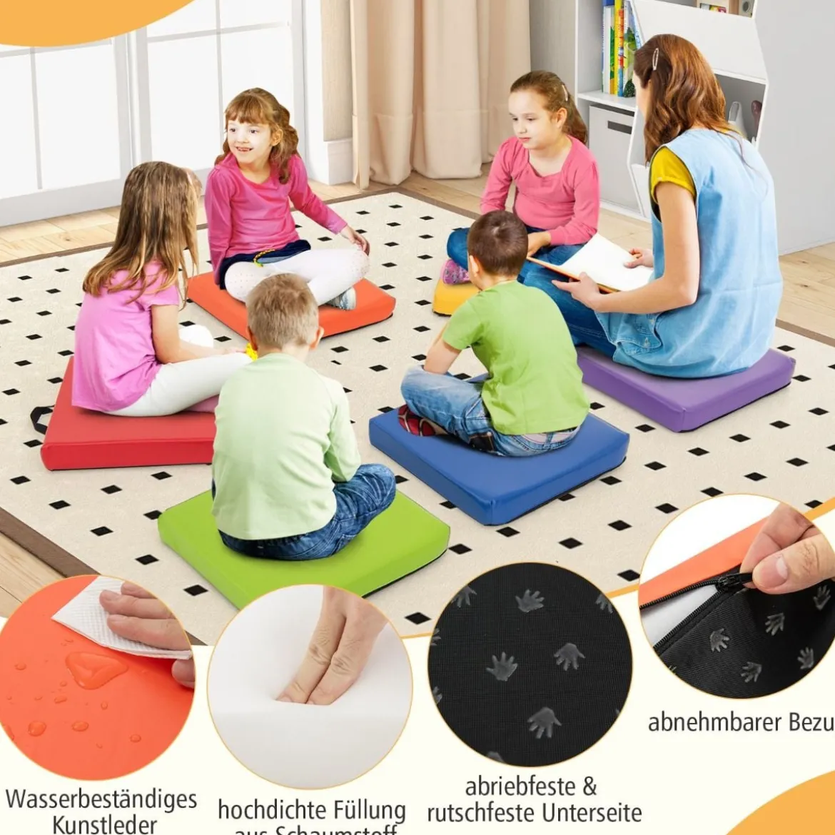 6er Set Kinder Quadratische Sitzkissen mit Griff & Reißverschluss Bodenkissen Stuhlkissen 40 x 40 cm