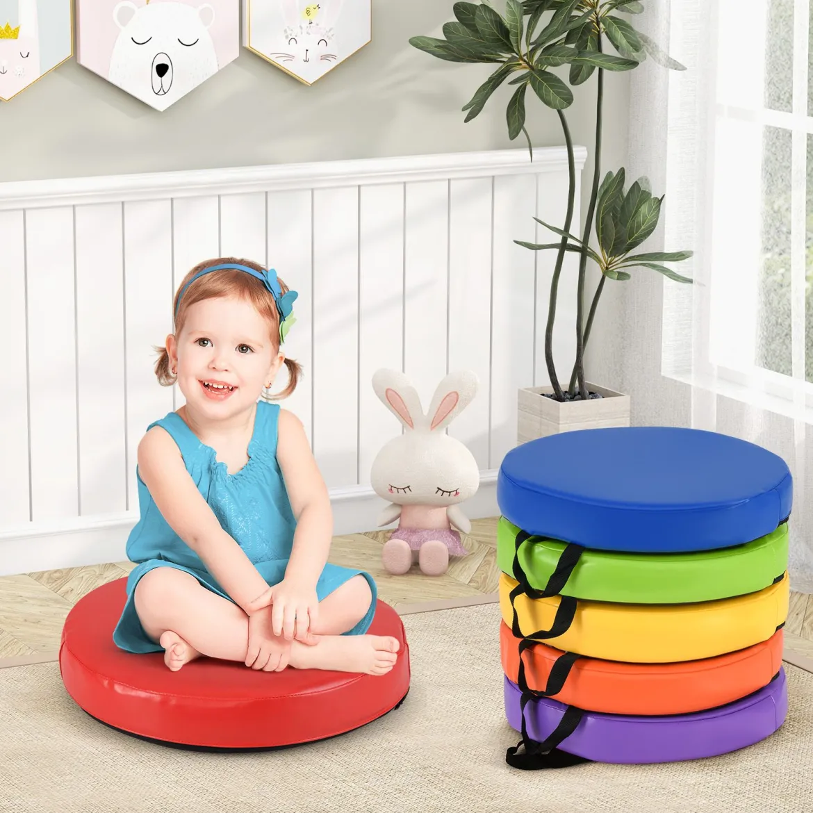 6er Set Kinder Rund Sitzkissen Bodenkissen mit Griff & Reißverschluss Stuhlkissen 35 x 35 cm