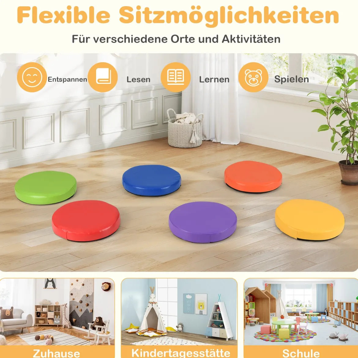 6er Set Kinder Rund Sitzkissen Bodenkissen mit Griff & Reißverschluss Stuhlkissen 35 x 35 cm