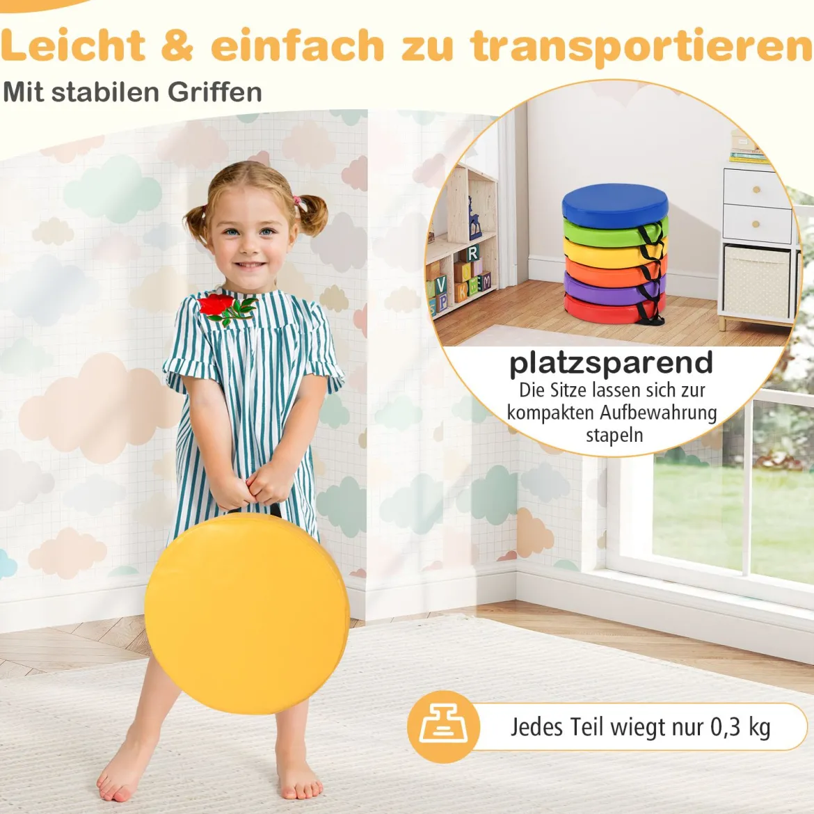 6er Set Kinder Rund Sitzkissen Bodenkissen mit Griff & Reißverschluss Stuhlkissen 35 x 35 cm