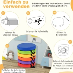 6er Set Kinder Rund Sitzkissen Bodenkissen mit Griff & Reißverschluss Stuhlkissen 35 x 35 cm