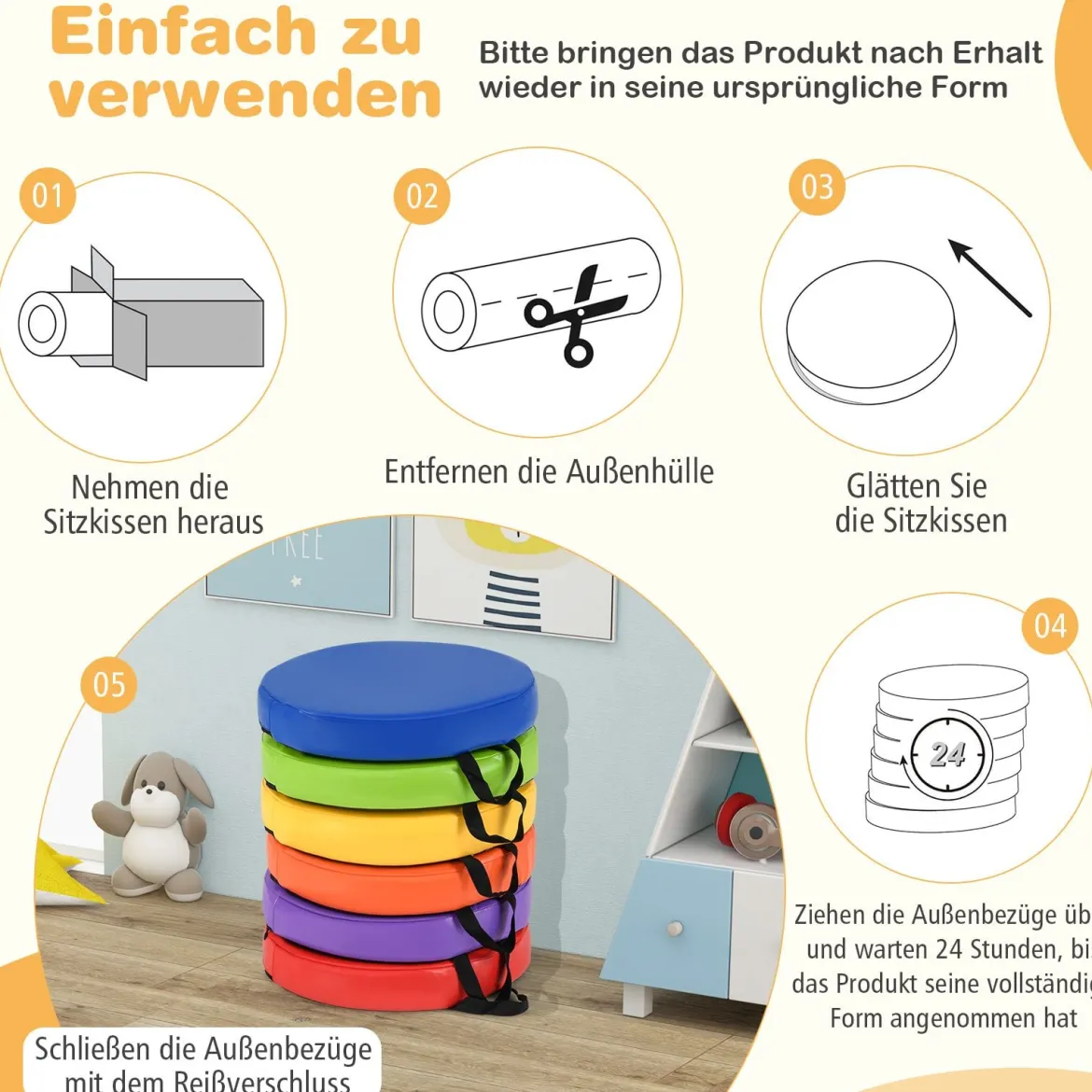 6er Set Kinder Rund Sitzkissen Bodenkissen mit Griff & Reißverschluss Stuhlkissen 35 x 35 cm