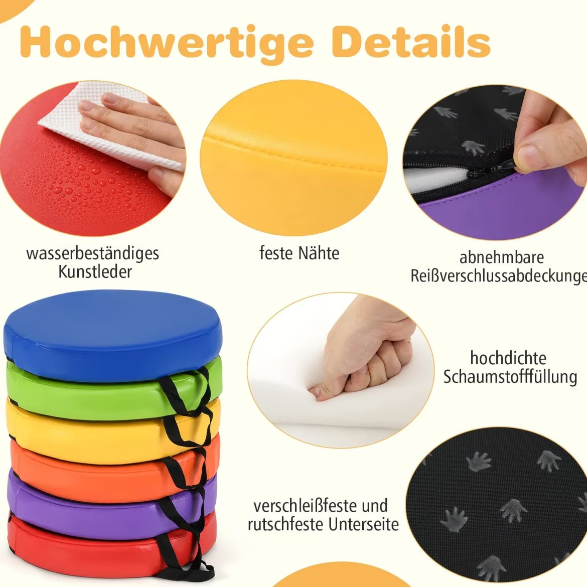 6er Set Kinder Rund Sitzkissen Bodenkissen mit Griff & Reißverschluss Stuhlkissen 35 x 35 cm