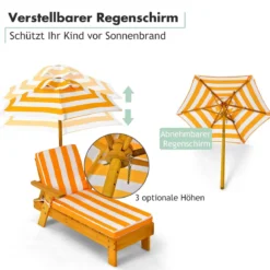 2er Set Kinder Sonnenliege mit Sonnenschirm Kinderliege Holz 92 x 49 x 106 cm Gelb + Weiß