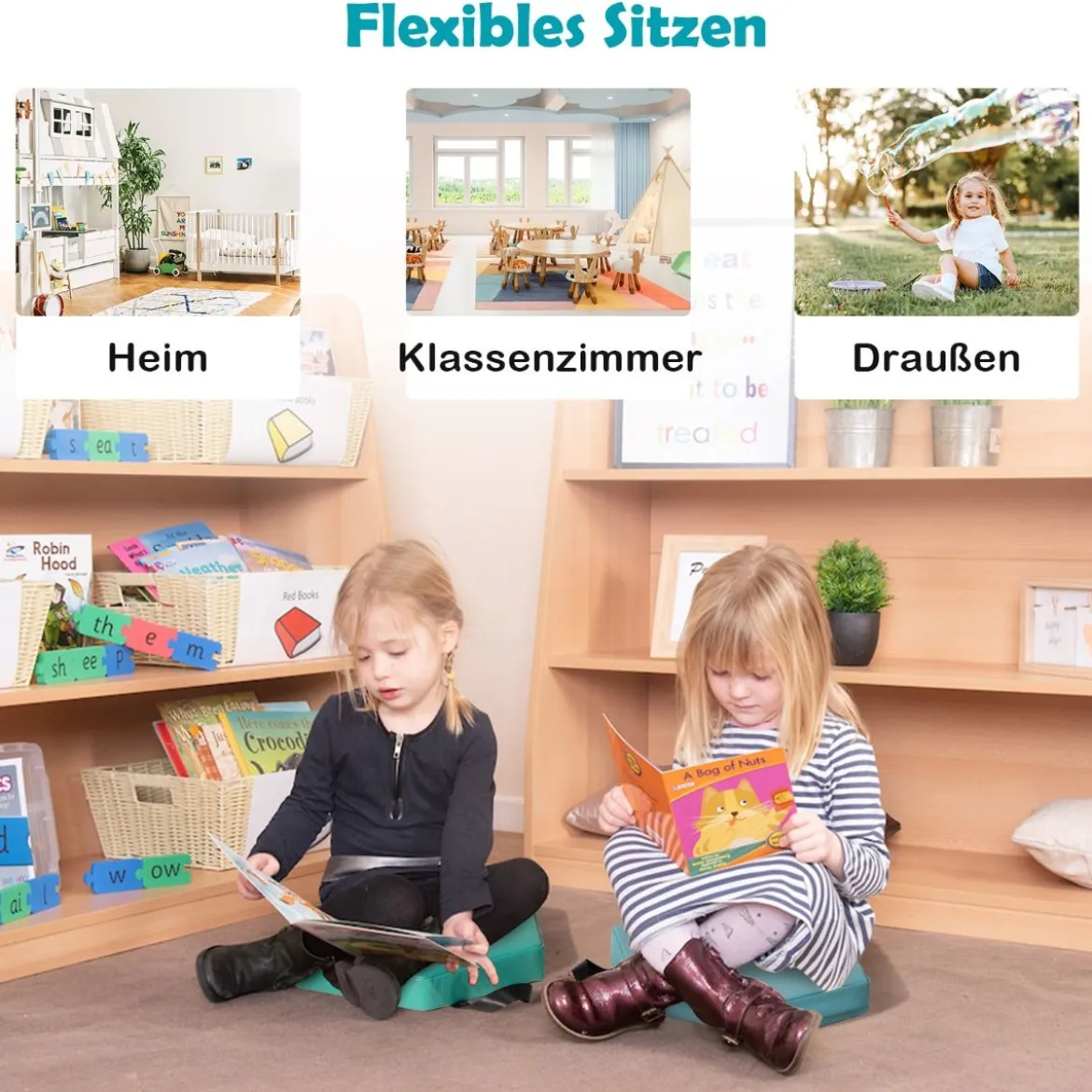6er Set Kinder Stuhlkissen mit Griff & Reißverschluss Sitzkissen Sitzerhöhung Hauptkissen Bunt/Blau