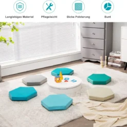 6er Set Kinder Stuhlkissen mit Griff & Reißverschluss Sitzkissen Sitzerhöhung Hauptkissen Bunt/Blau