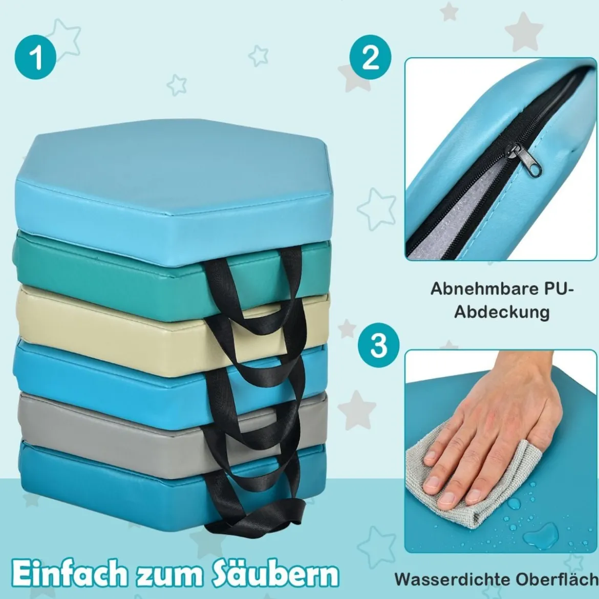 6er Set Kinder Stuhlkissen mit Griff & Reißverschluss Sitzkissen Sitzerhöhung Hauptkissen Bunt/Blau