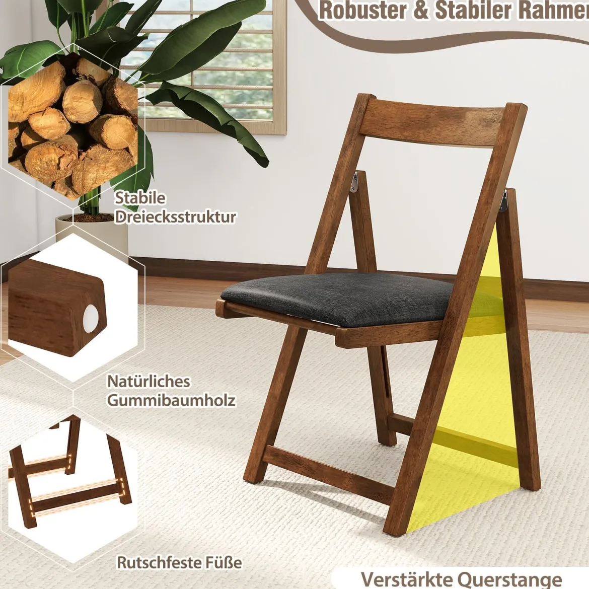 2er Set Klappbare Esszimmerstühle Küchenstühle mit Gebogenem Rückenlehne Polsterstuhl 150kg Belastbar