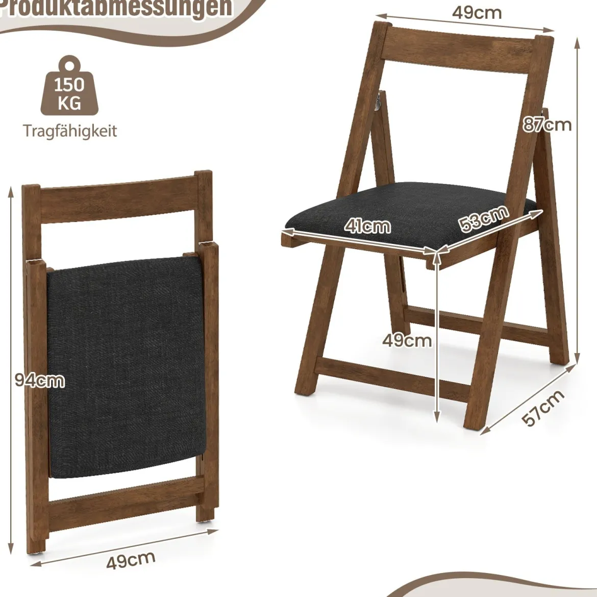 2er Set Klappbare Esszimmerstühle Küchenstühle mit Gebogenem Rückenlehne Polsterstuhl 150kg Belastbar