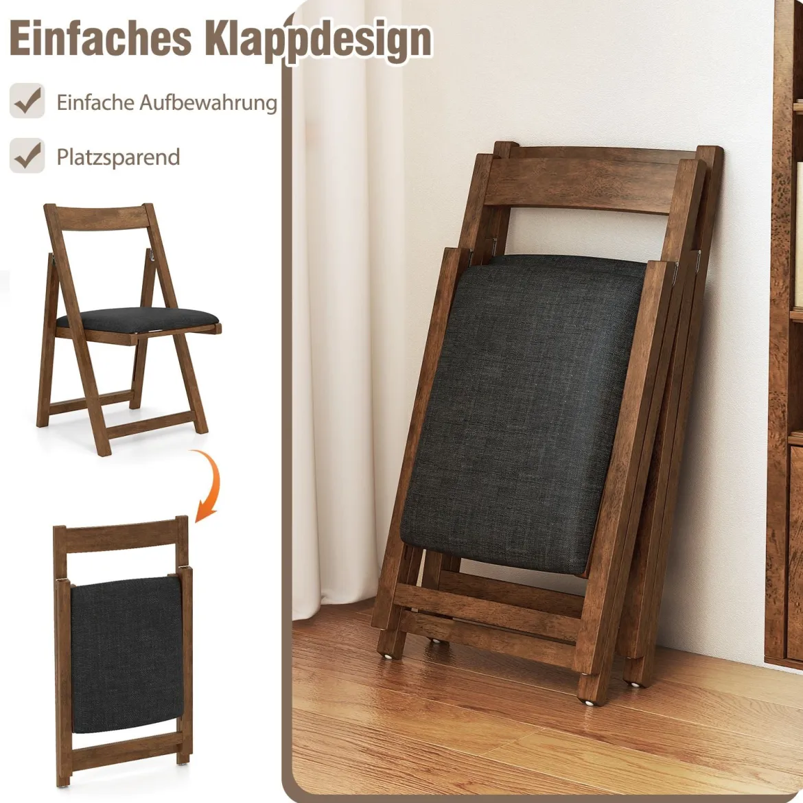 2er Set Klappbare Esszimmerstühle Küchenstühle mit Gebogenem Rückenlehne Polsterstuhl 150kg Belastbar