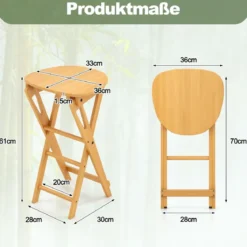 2er Set Klappbarer Barhocker aus Bambus mit Fußstütze Sitzhöhe 61 cm Natur
