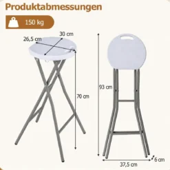 2er Set Klappbarer Barhocker mit HDPE Sitzfläche & Integriertem Tragegriff bis 150 kg Belastbar Weiß