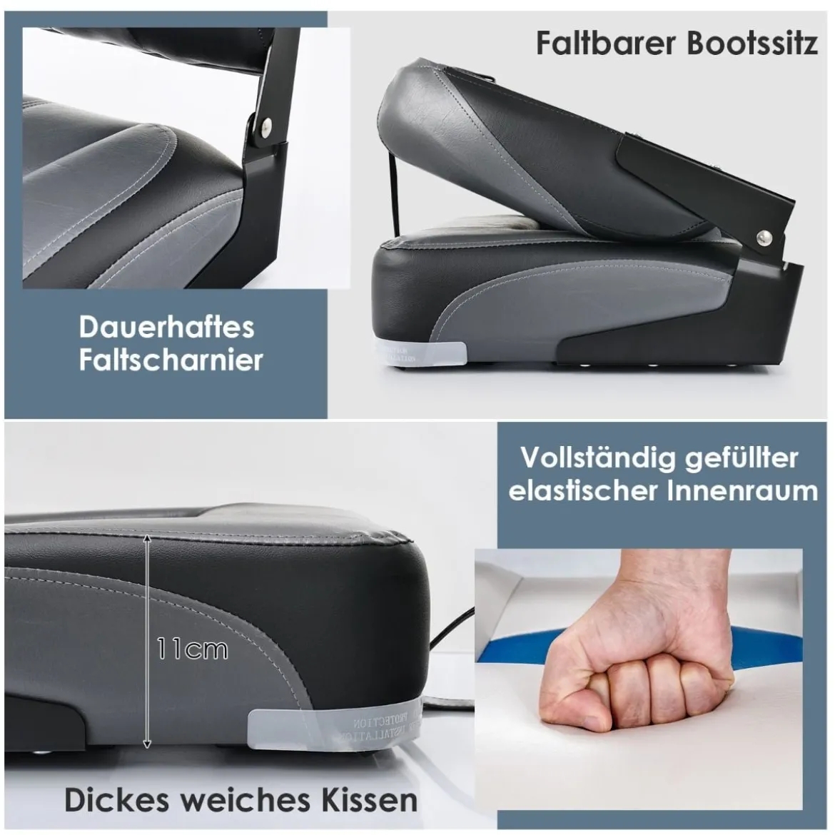 2er Set Klappbarer Bootssitz mit 11 cm Dicker Schwammpolsterung Gepolsterter Steuerstuhl Schwarz