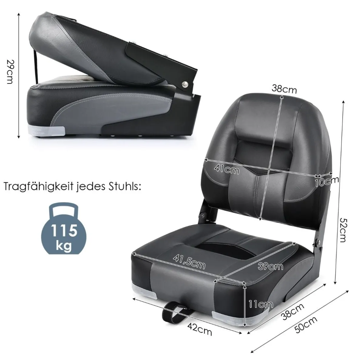 2er Set Klappbarer Bootssitz mit 11 cm Dicker Schwammpolsterung Gepolsterter Steuerstuhl Schwarz