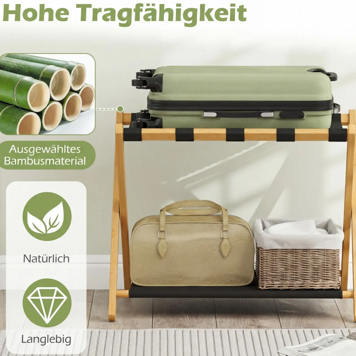 2er Set Klappbarer Kofferständer mit Nylonriemen & Oxford-Stoff Ablagen Gepäckablage Natur