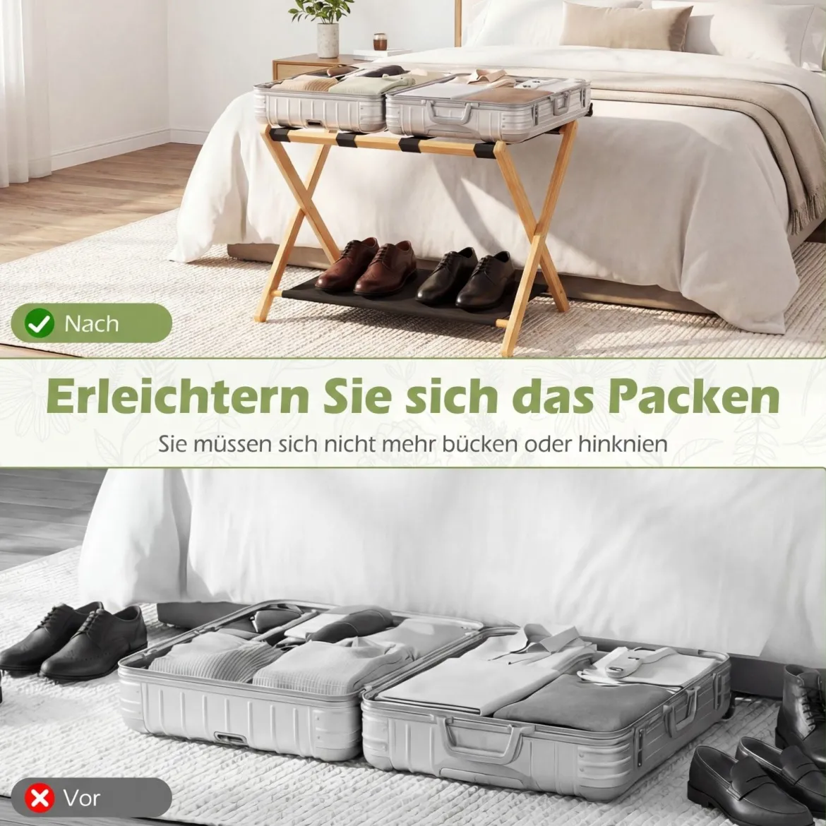 2er Set Klappbarer Kofferständer mit Nylonriemen & Oxford-Stoff Ablagen Gepäckablage Natur