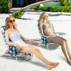 2er Set Klappbarer Strandstuhl mit Verstellbarer Rückenlehne & Kühltasche Campingstuhl