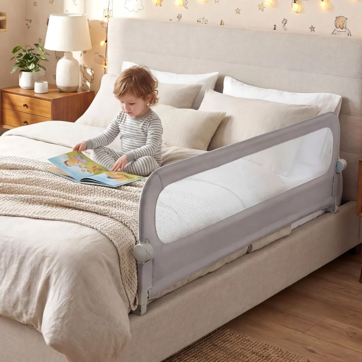 3er Set Klappbares Bettgitter mit Abnehmbarem Oxford-Stoffbezug Grau (2 Stücke 178 x 60 cm+ 1 Stück 148 x 60 cm)