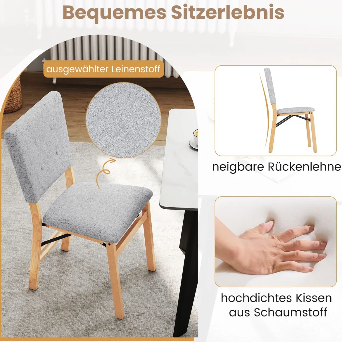 2er Set Klappbares Esszimmerstuhl armlehnlose Küchenstühle mit gepolstertem Sitz Grau