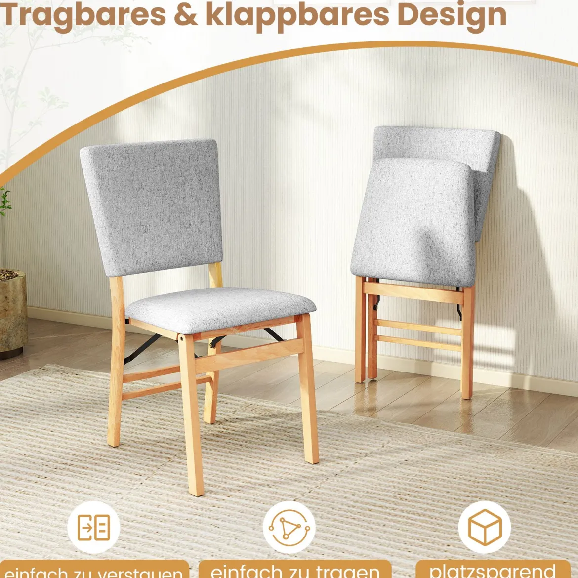 2er Set Klappbares Esszimmerstuhl armlehnlose Küchenstühle mit gepolstertem Sitz Grau