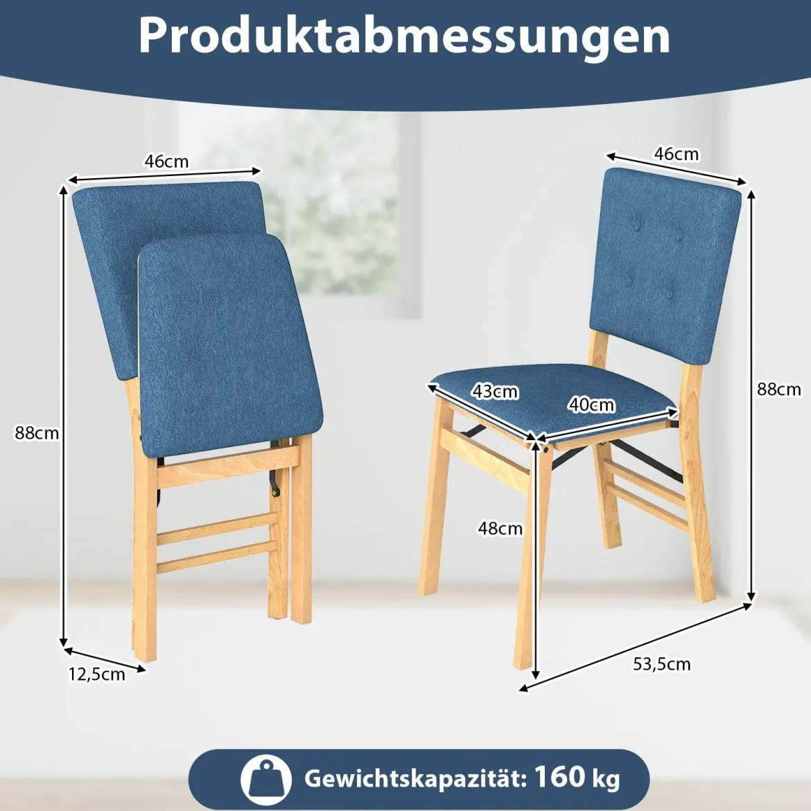 2er Set Klappbares Esszimmerstuhl armlehnlose Küchenstühle mit gepolstertem Sitz Blau