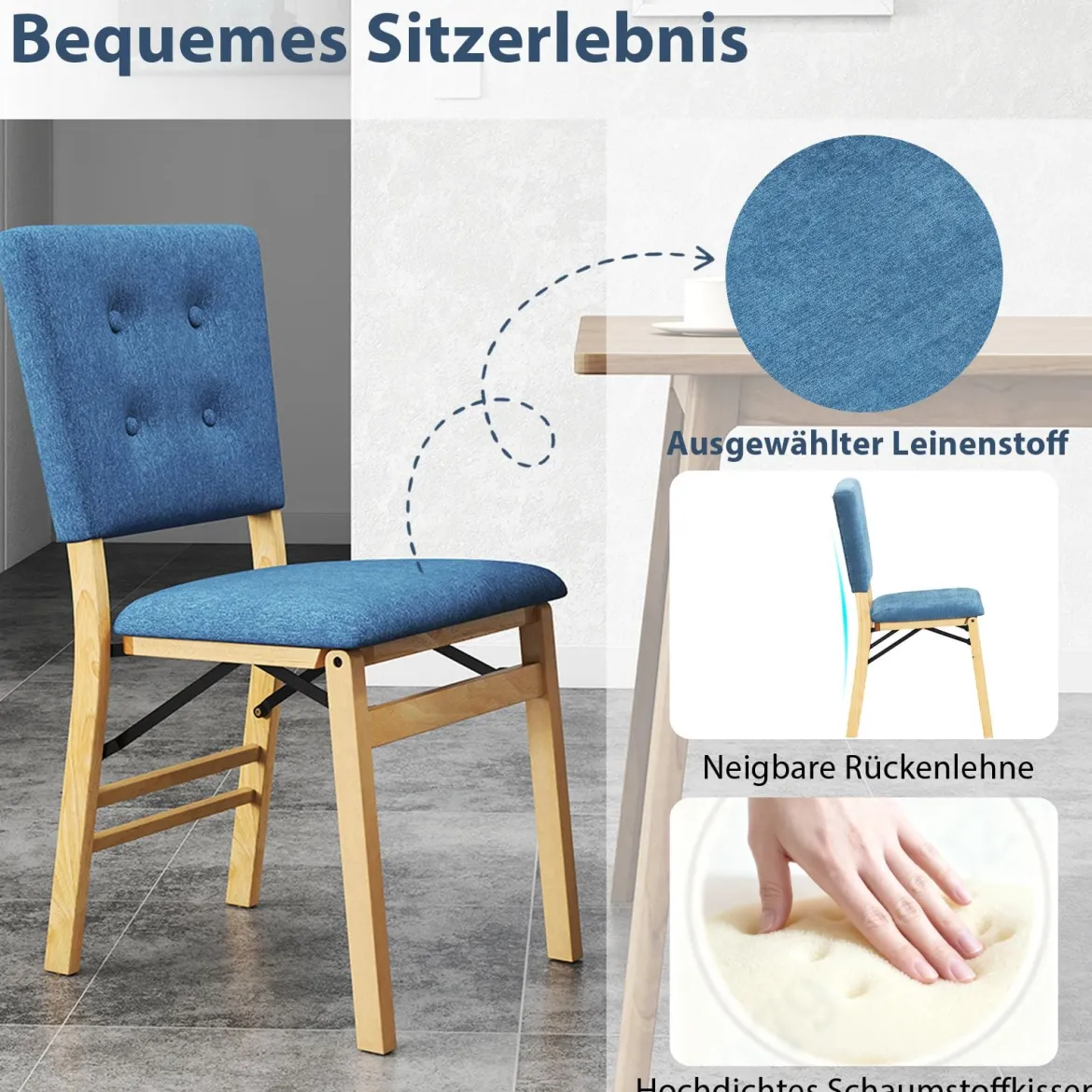 2er Set Klappbares Esszimmerstuhl armlehnlose Küchenstühle mit gepolstertem Sitz Blau