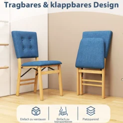 2er Set Klappbares Esszimmerstuhl armlehnlose Küchenstühle mit gepolstertem Sitz Blau