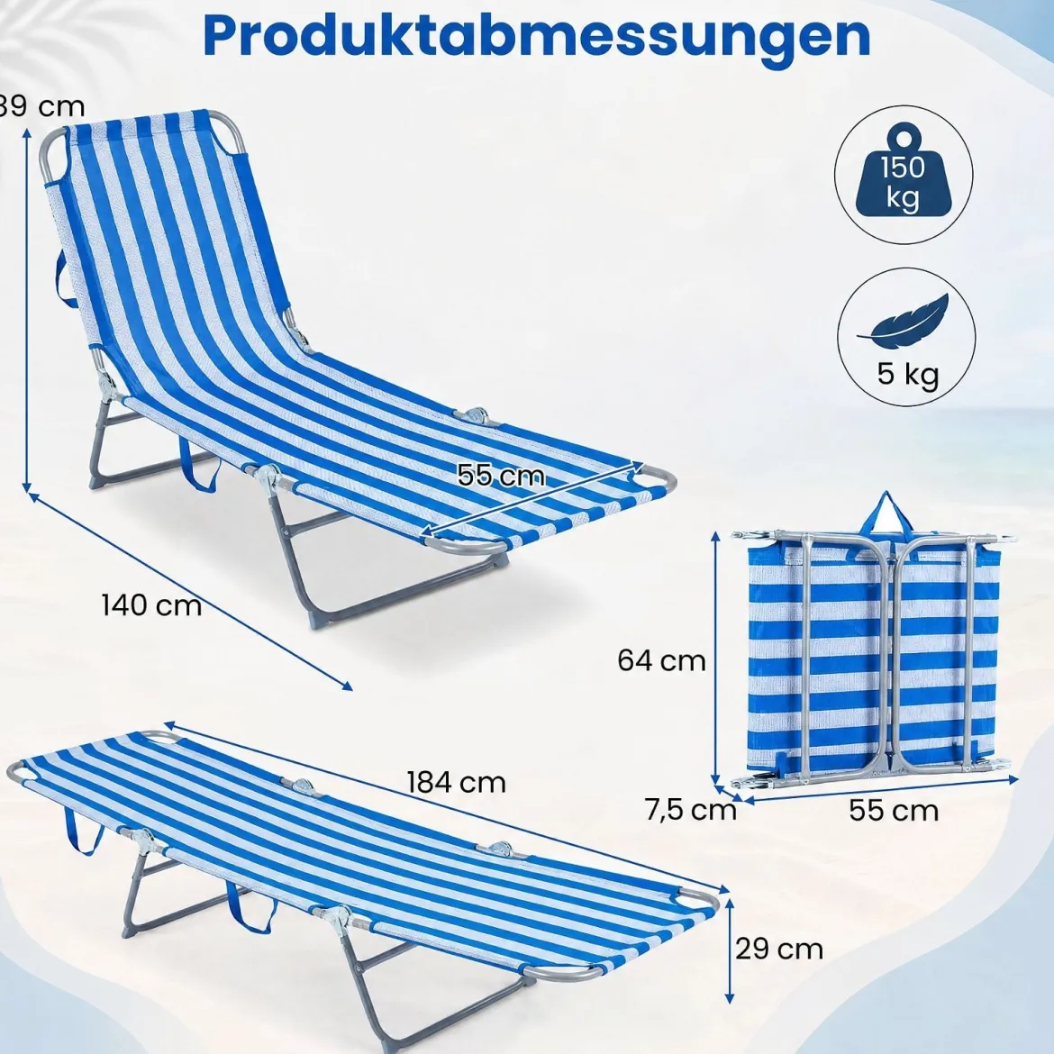 2er Set Klappbare Sonnenliege mit 4-fach Verstellbare Rückenlehne Wetterfest bis 150 kg Belastbar Blau
