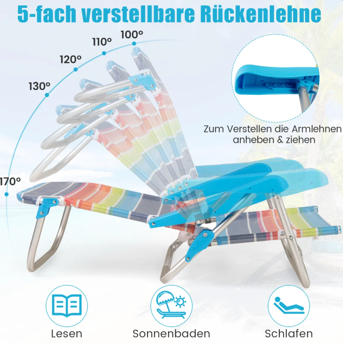 2er Set Klappbare Strandstühle mit Verstellbarer Rückenlehne Leichte Campingstühle Klappstühle