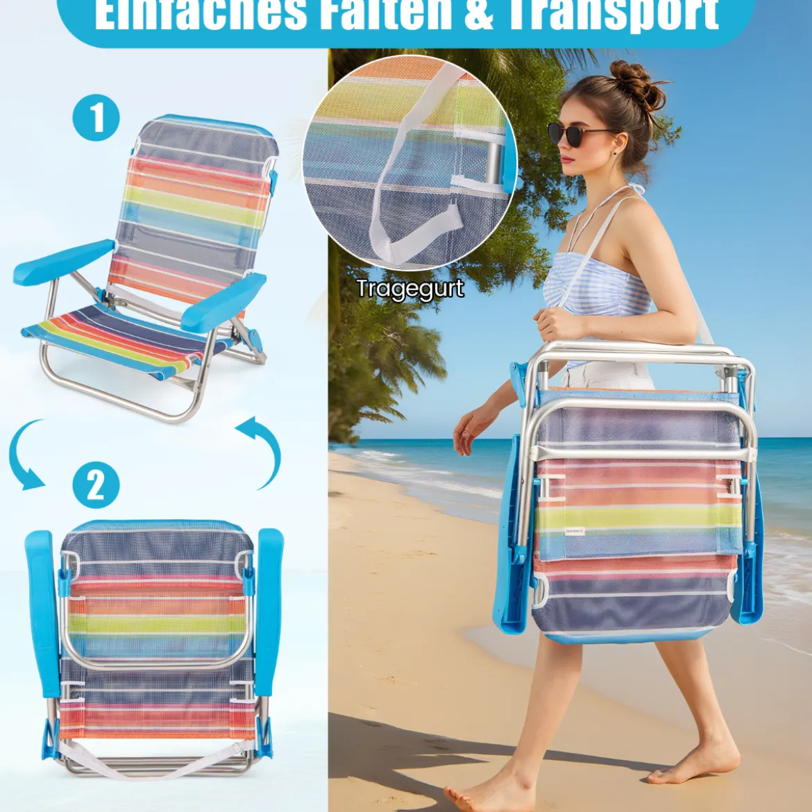 2er Set Klappbare Strandstühle mit Verstellbarer Rückenlehne Leichte Campingstühle Klappstühle