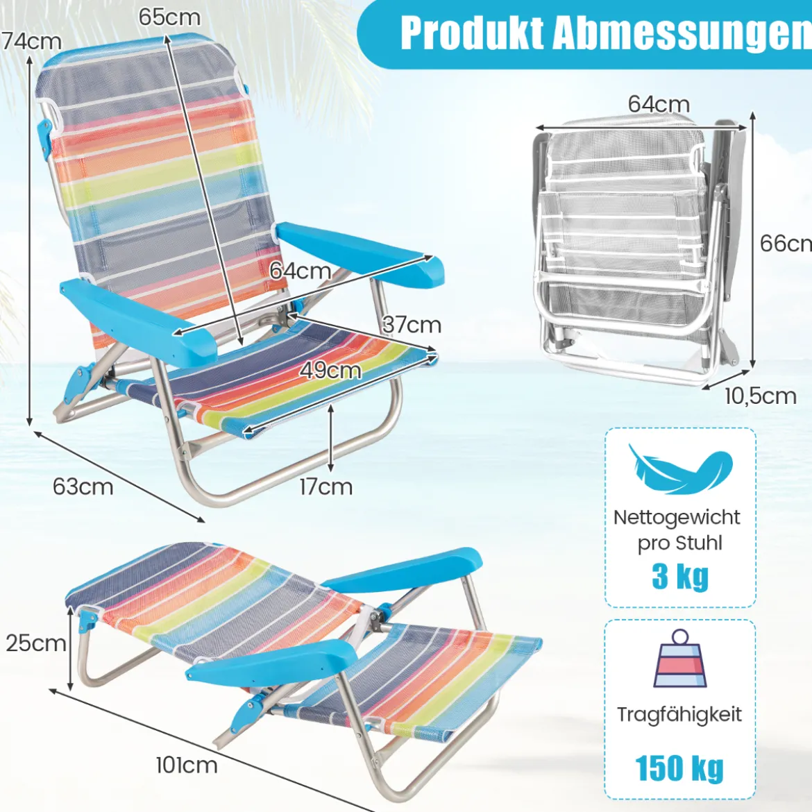 2er Set Klappbare Strandstühle mit Verstellbarer Rückenlehne Leichte Campingstühle Klappstühle