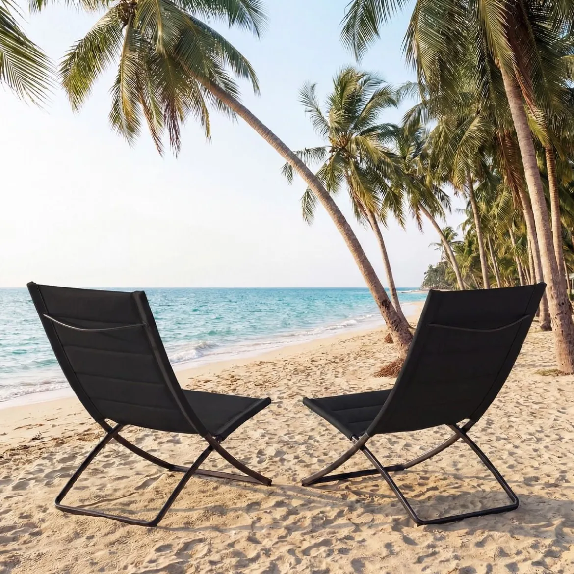 2er Set Klappbare Strandstühle mit Gepolsterten Rückenlehnen & Sitzen Faltbare Campingstühle Schwarz