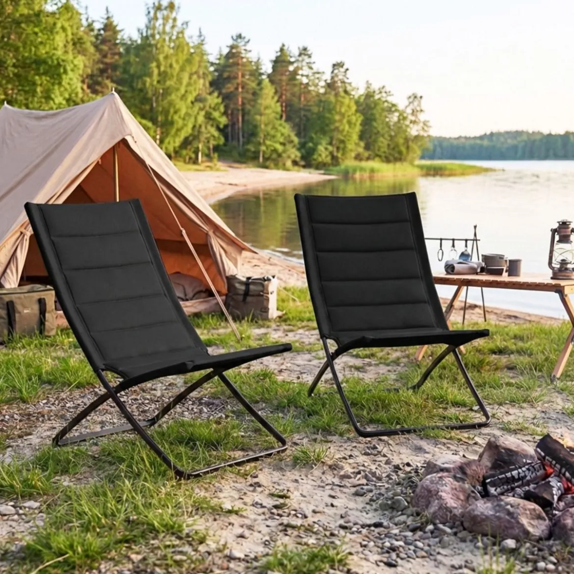 2er Set Klappbare Strandstühle mit Gepolsterten Rückenlehnen & Sitzen Faltbare Campingstühle Schwarz