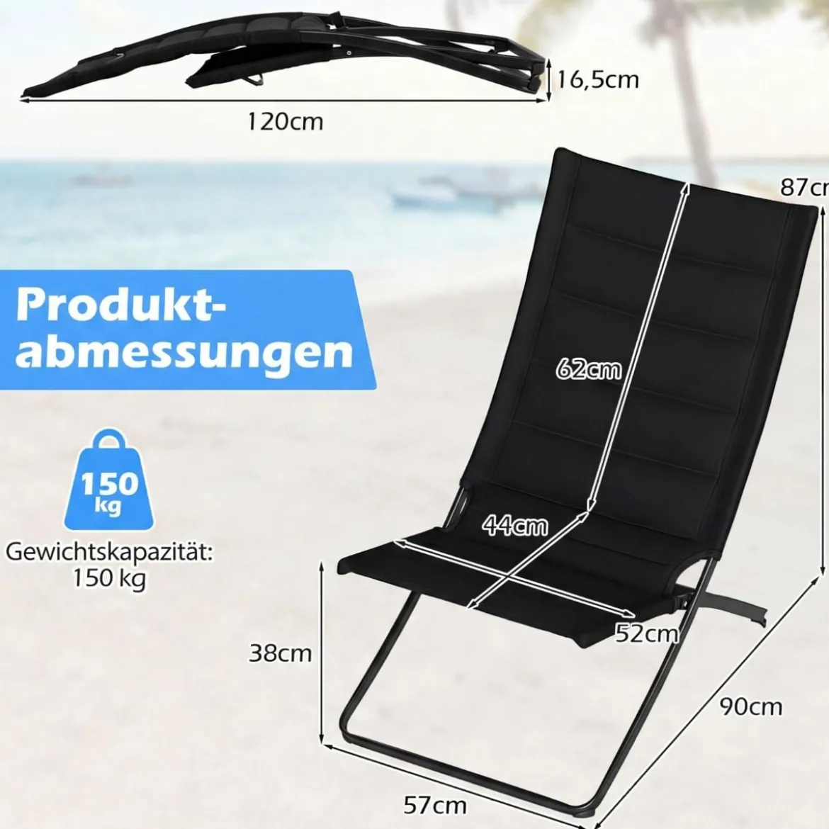 2er Set Klappbare Strandstühle mit Gepolsterten Rückenlehnen & Sitzen Faltbare Campingstühle Schwarz