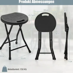 2er Set Klapphocker klappbarer Hocker mit Tragegriff, 150 kg Tragkraft für Küche Garten Schwarz