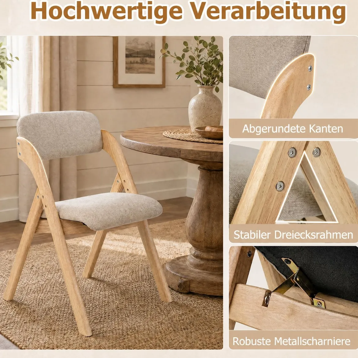 2er Set Klappstühle aus Holz mit Gepolsterter Sitzfläche & Atmungsaktiven Leinenkissen 61 x 53 x 81 cm