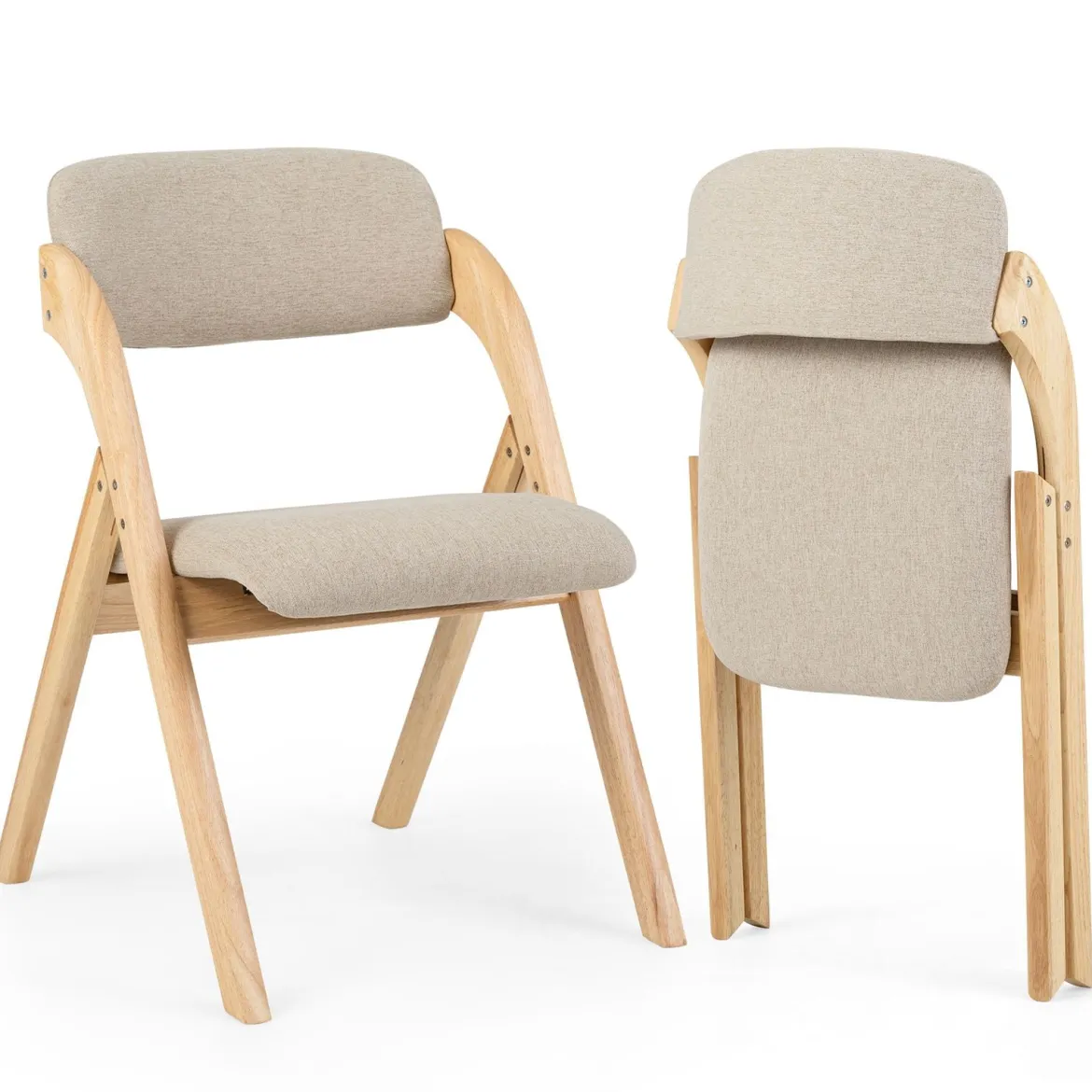 2er Set Klappstühle aus Holz mit Gepolsterter Sitzfläche & Atmungsaktiven Leinenkissen 61 x 53 x 81 cm