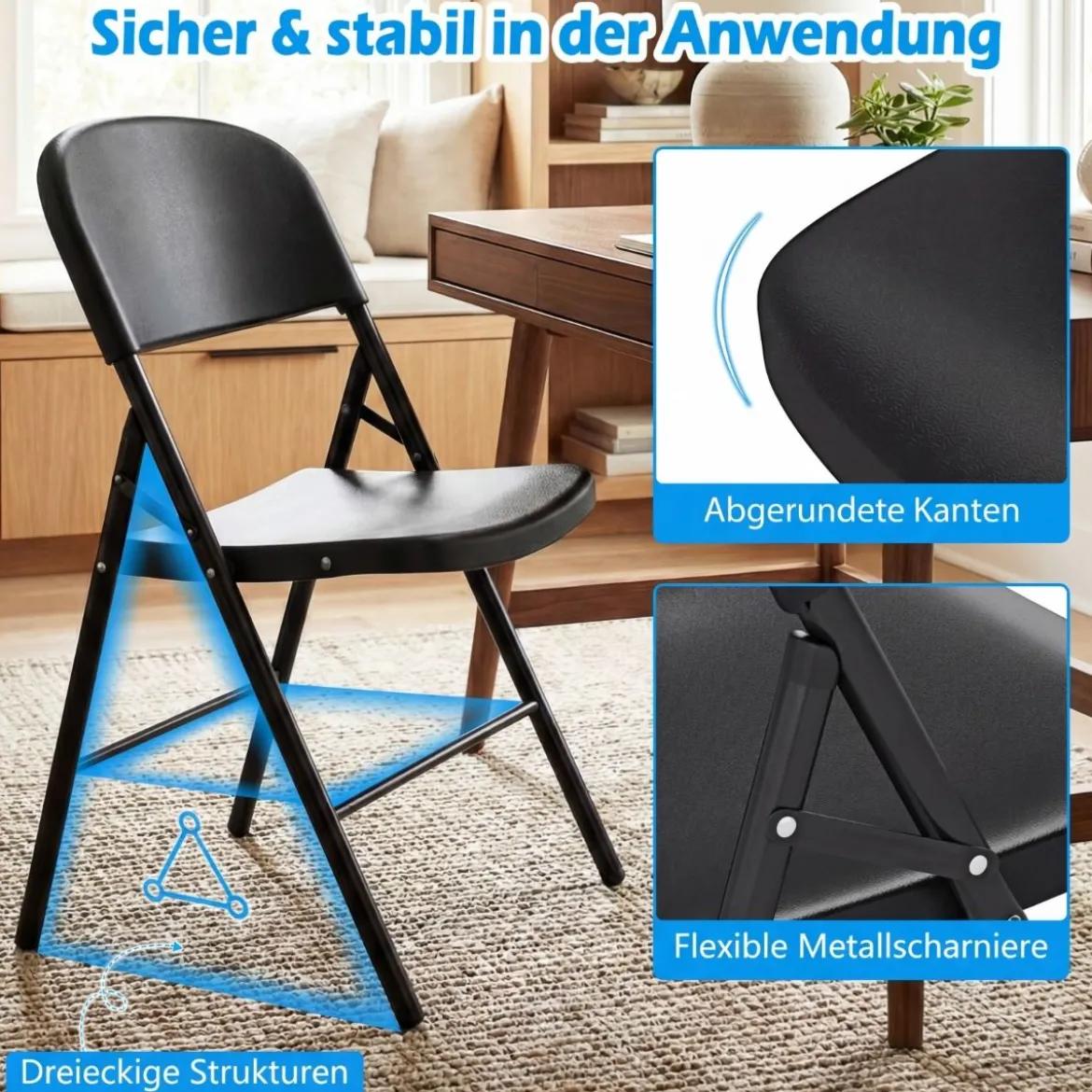 6er Set Klappstühle aus Metall & Kunsttoff Faltstuhl mit 150 kg Tragfähigkeit Gaststühle Schwarz