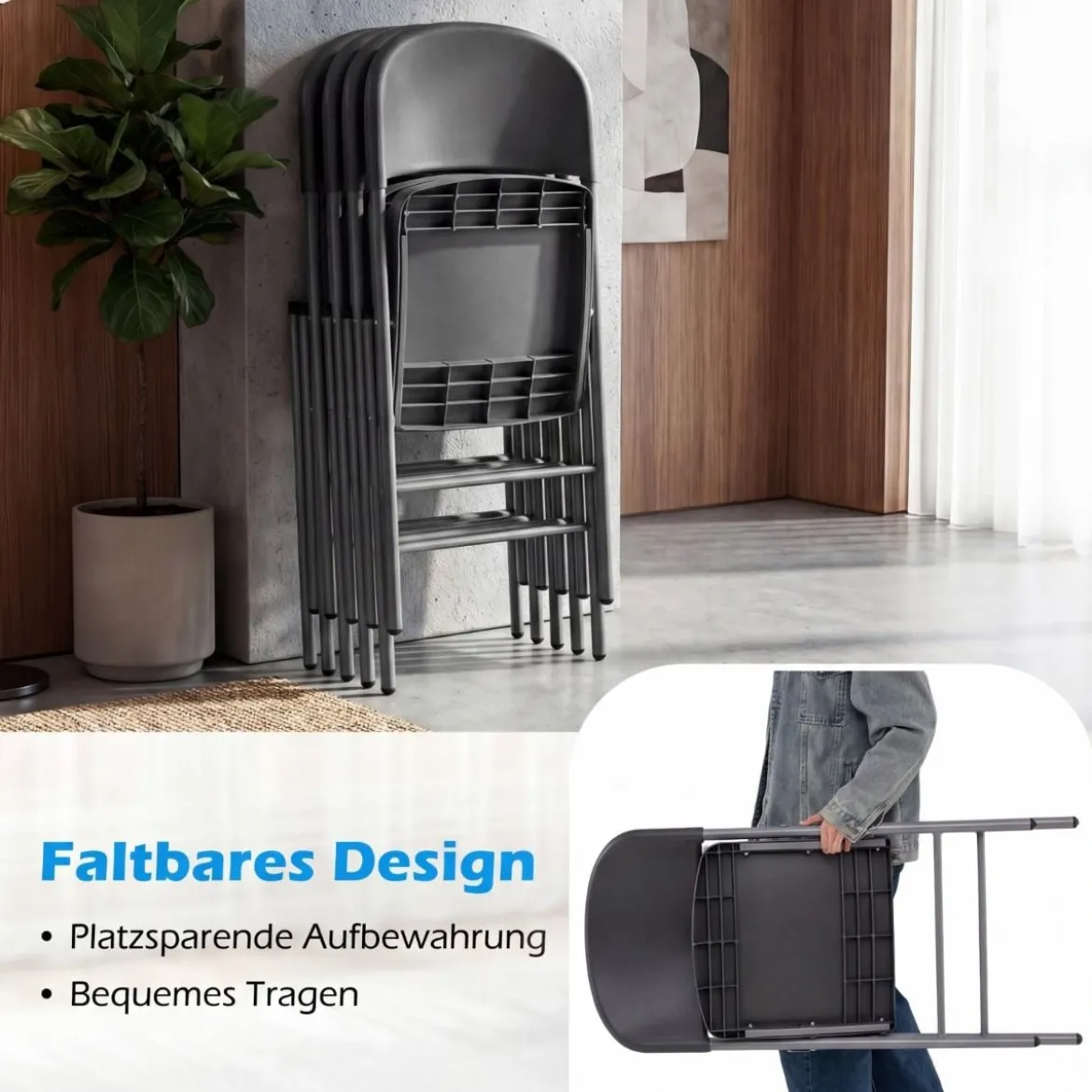 6er Set Klappstühle aus Metall & Kunsttoff Faltstuhl mit 150 kg Tragfähigkeit Gaststühle Grau