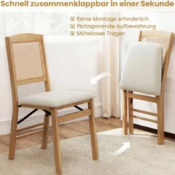 2er Set Klappstühle Esszimmerstühle mit Rattan-Rückenlehne Gepolsterten Sitzen & Holzrahmen Natur