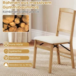 2er Set Klappstühle Esszimmerstühle mit Rattan-Rückenlehne Gepolsterten Sitzen & Holzrahmen Natur