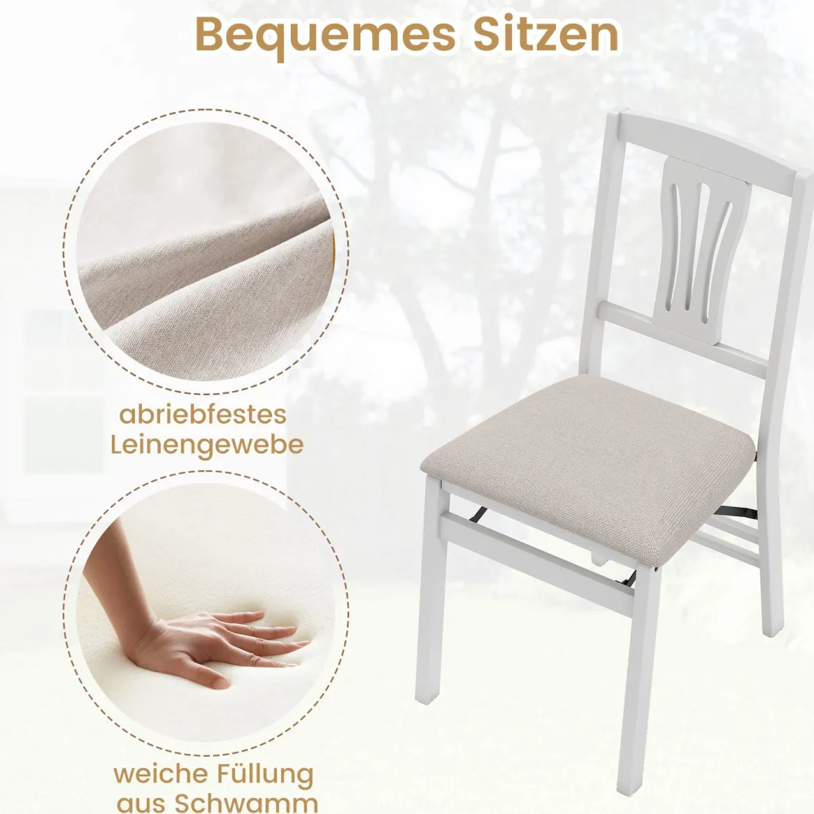2er-Set Klappstühle mit Gepolsterte Sitzen & Gummibaumholzrahmen Esszimmerstühle Beige + Weiß