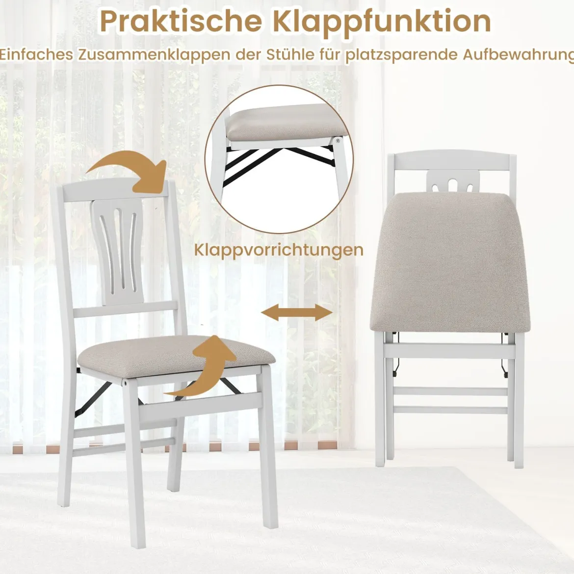 2er-Set Klappstühle mit Gepolsterte Sitzen & Gummibaumholzrahmen Esszimmerstühle Beige + Weiß
