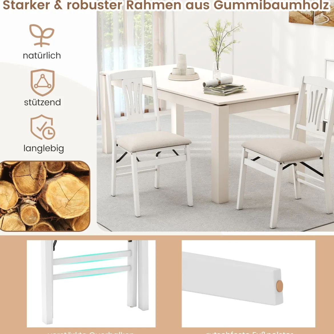 2er-Set Klappstühle mit Gepolsterte Sitzen & Gummibaumholzrahmen Esszimmerstühle Beige + Weiß